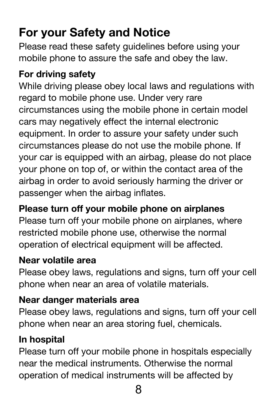 8 for your safety and notice | Lenovo A390 Smartphone User Manual | Page 8 / 25