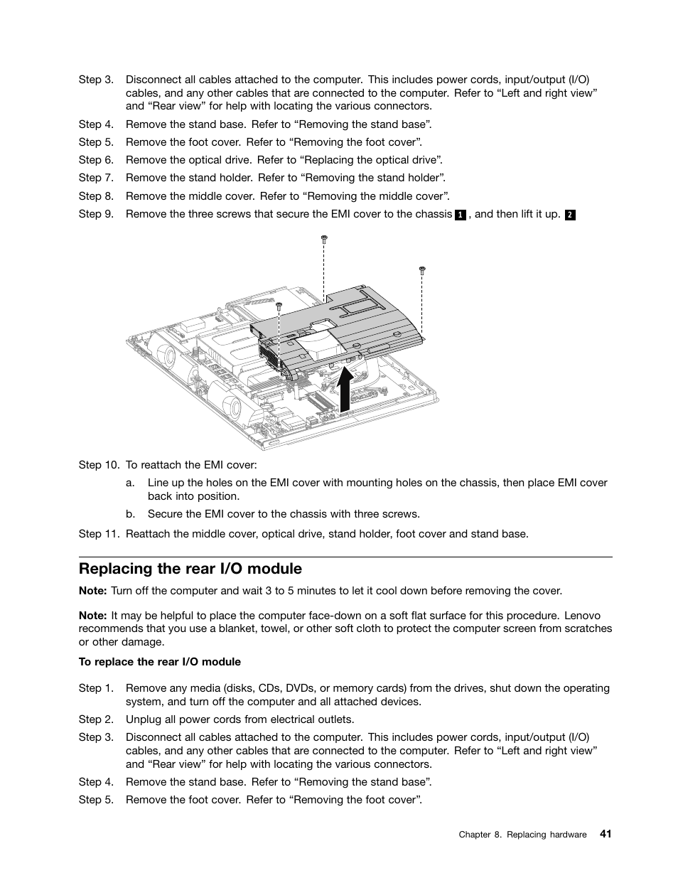 Replacing the rear i/o module | Lenovo C355 All-in-One User Manual | Page 47 / 83