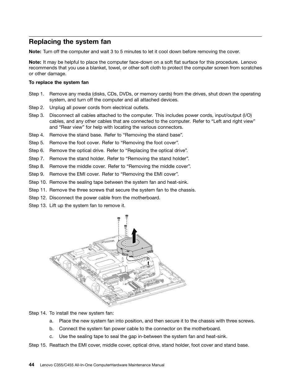 Replacing the system fan | Lenovo C355 All-in-One User Manual | Page 50 / 83