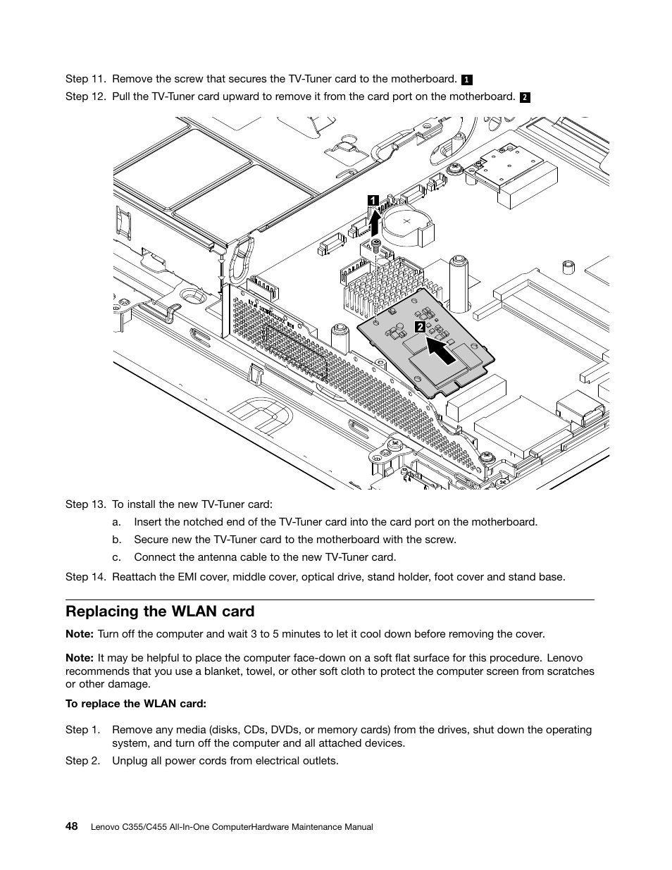 Replacing the wlan card | Lenovo C355 All-in-One User Manual | Page 54 / 83