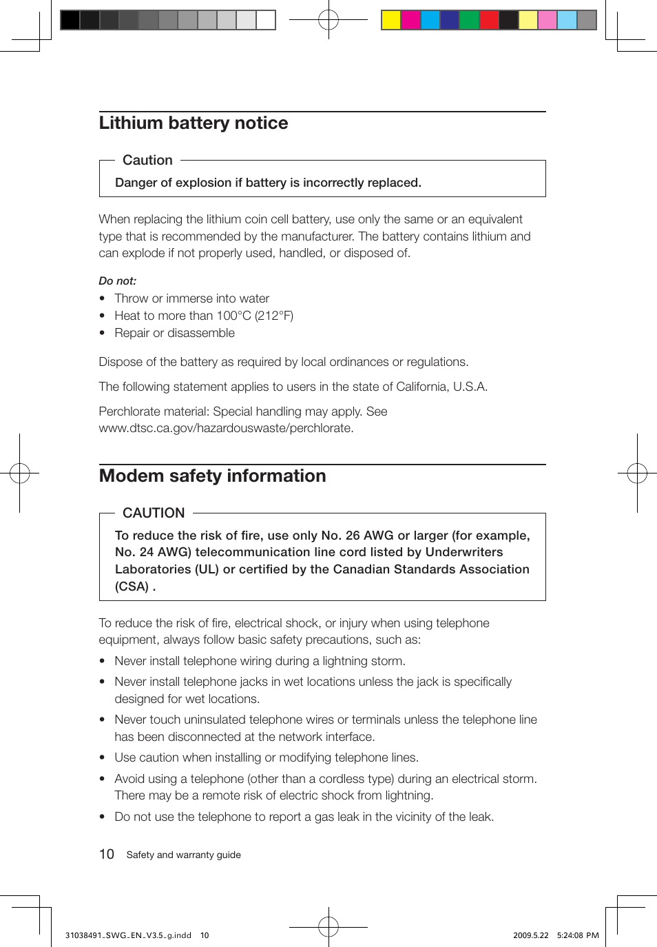 Lithium battery notice, Modem safety information | Lenovo IdeaCentre Q700 User Manual | Page 15 / 39