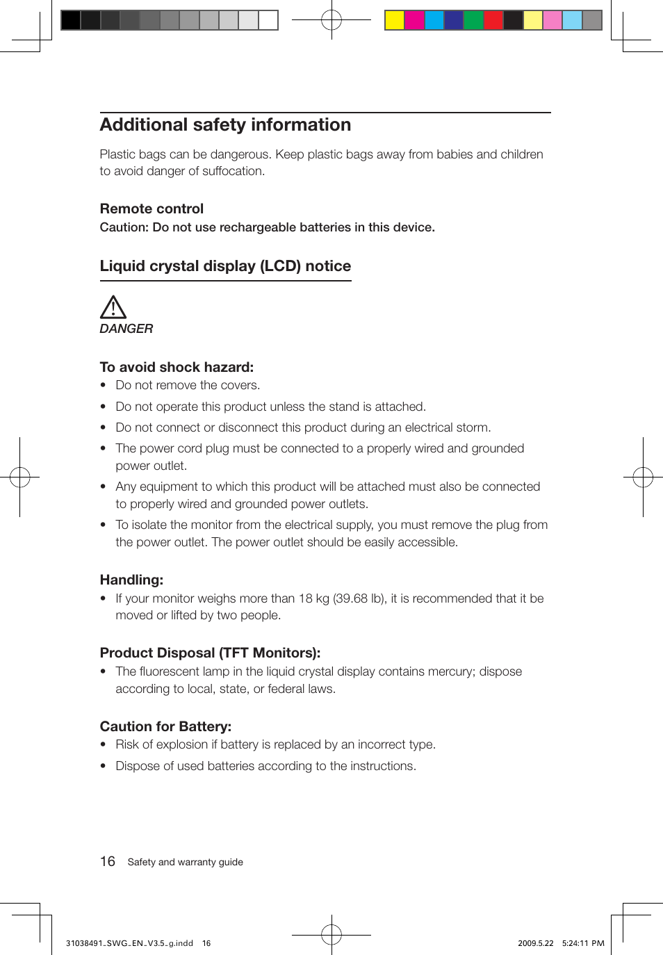 Additional safety information, Liquid crystal display (lcd) notice | Lenovo IdeaCentre Q700 User Manual | Page 21 / 39