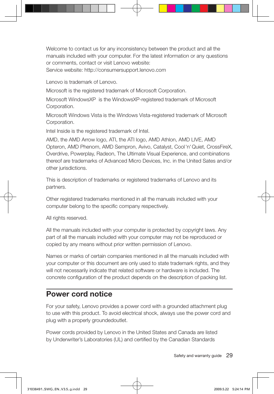 Power cord notice | Lenovo IdeaCentre Q700 User Manual | Page 34 / 39