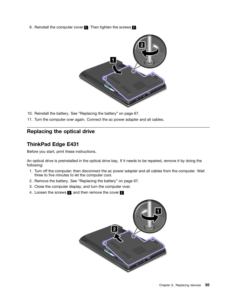 Replacing the optical drive, Thinkpad edge e431, Replacing the optical drive thinkpad edge e431 | Lenovo ThinkPad Edge E531 User Manual | Page 101 / 182