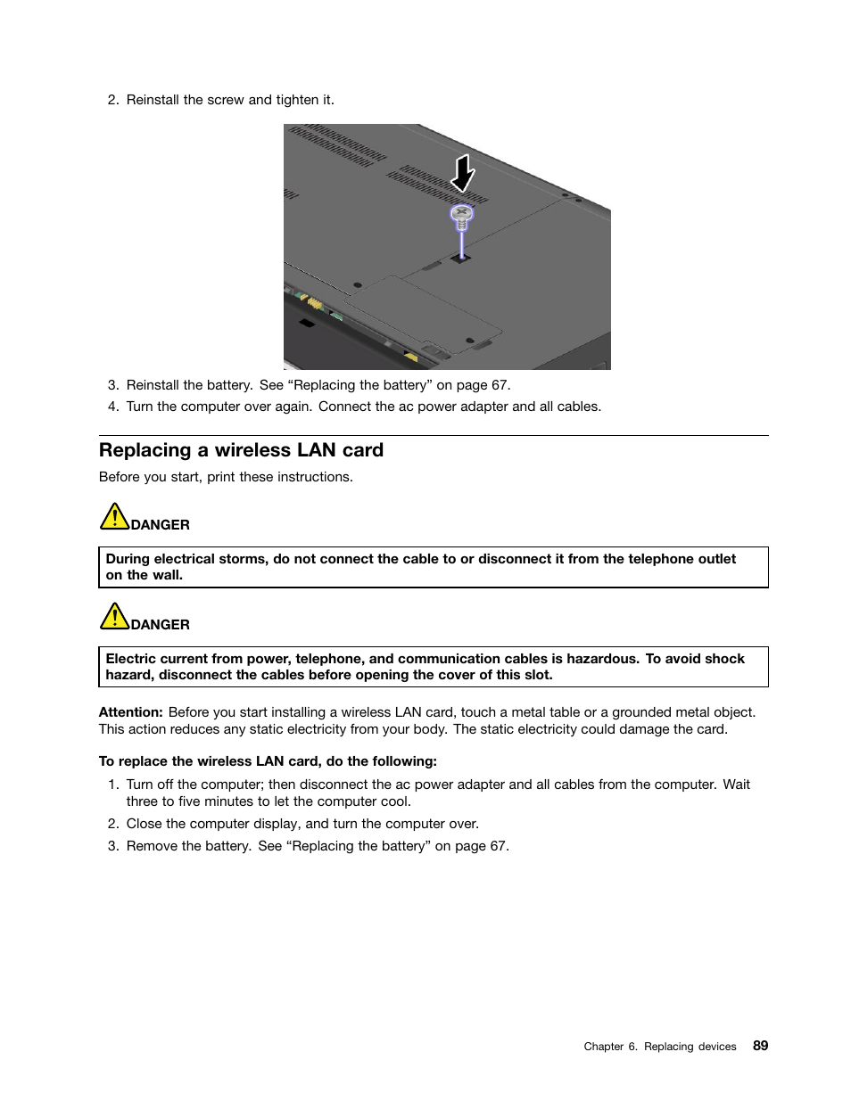 Replacing a wireless lan card | Lenovo ThinkPad Edge E531 User Manual | Page 105 / 182