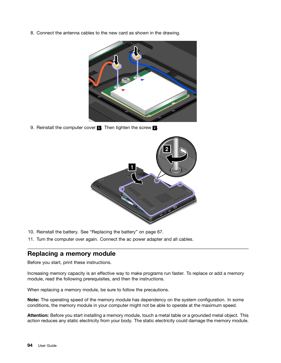 Replacing a memory module | Lenovo ThinkPad Edge E531 User Manual | Page 110 / 182