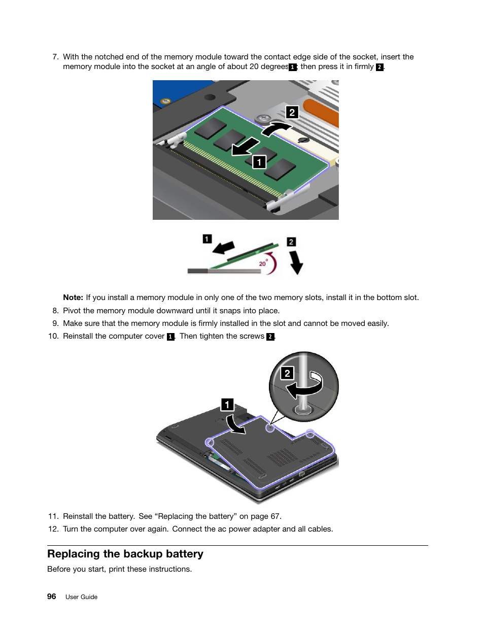 Replacing the backup battery | Lenovo ThinkPad Edge E531 User Manual | Page 112 / 182