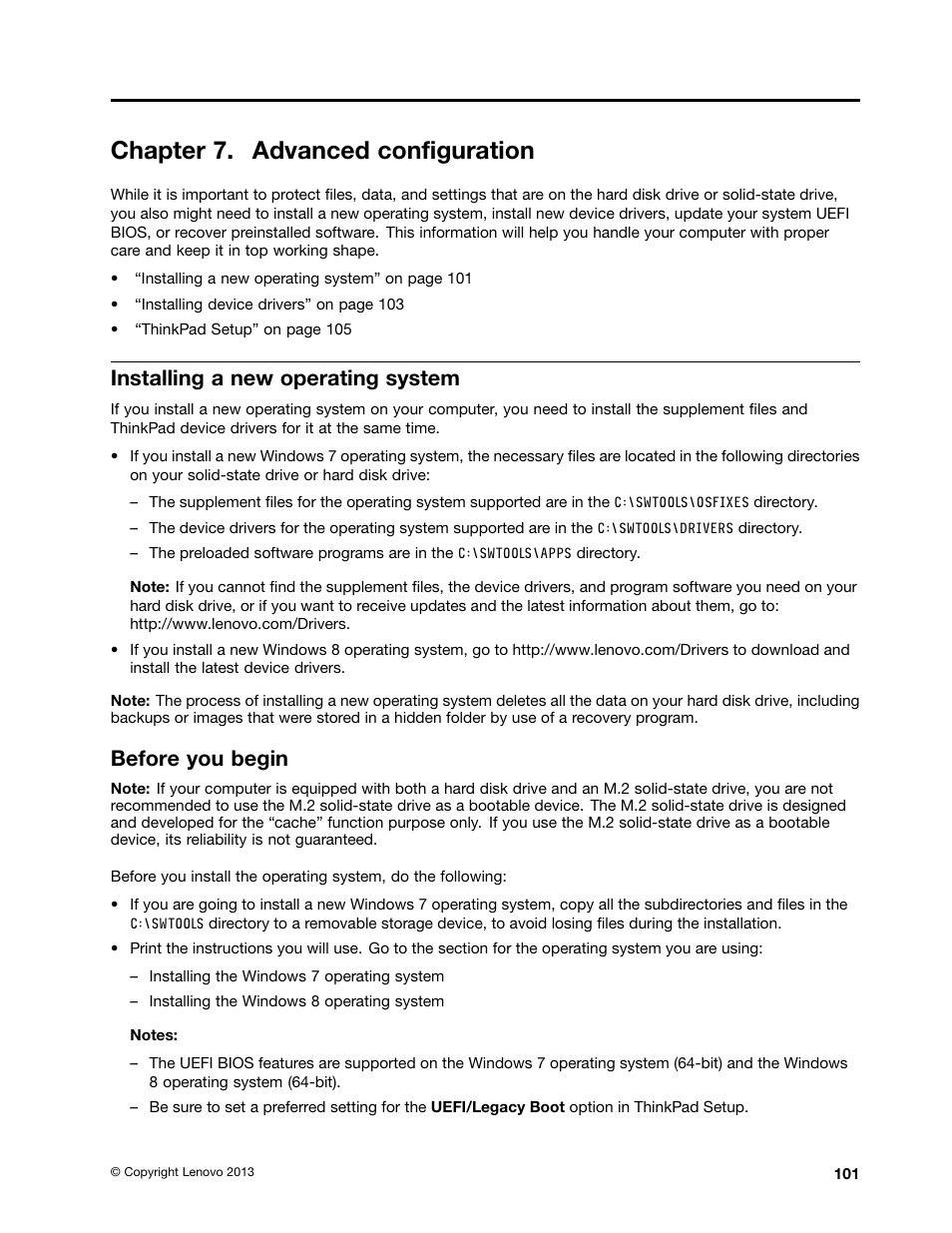 Chapter 7. advanced configuration, Installing a new operating system, Before you begin | Lenovo ThinkPad Edge E531 User Manual | Page 117 / 182