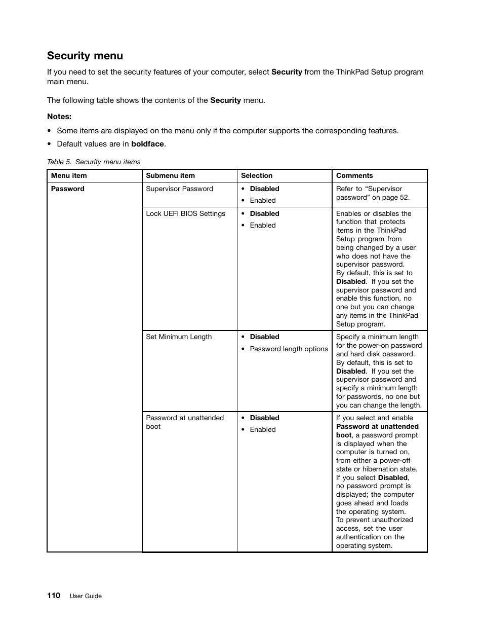 Security menu | Lenovo ThinkPad Edge E531 User Manual | Page 126 / 182