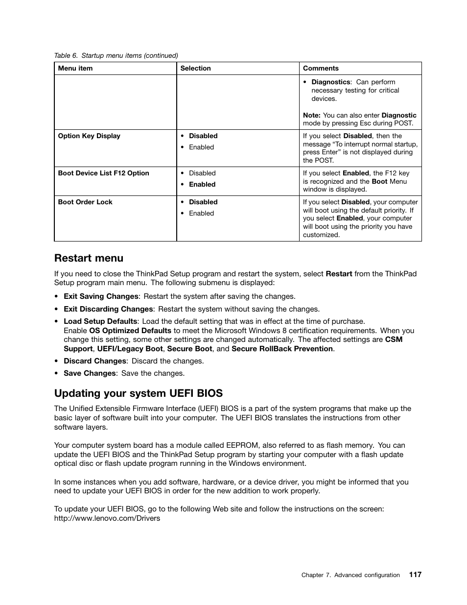 Restart menu, Updating your system uefi bios | Lenovo ThinkPad Edge E531 User Manual | Page 133 / 182