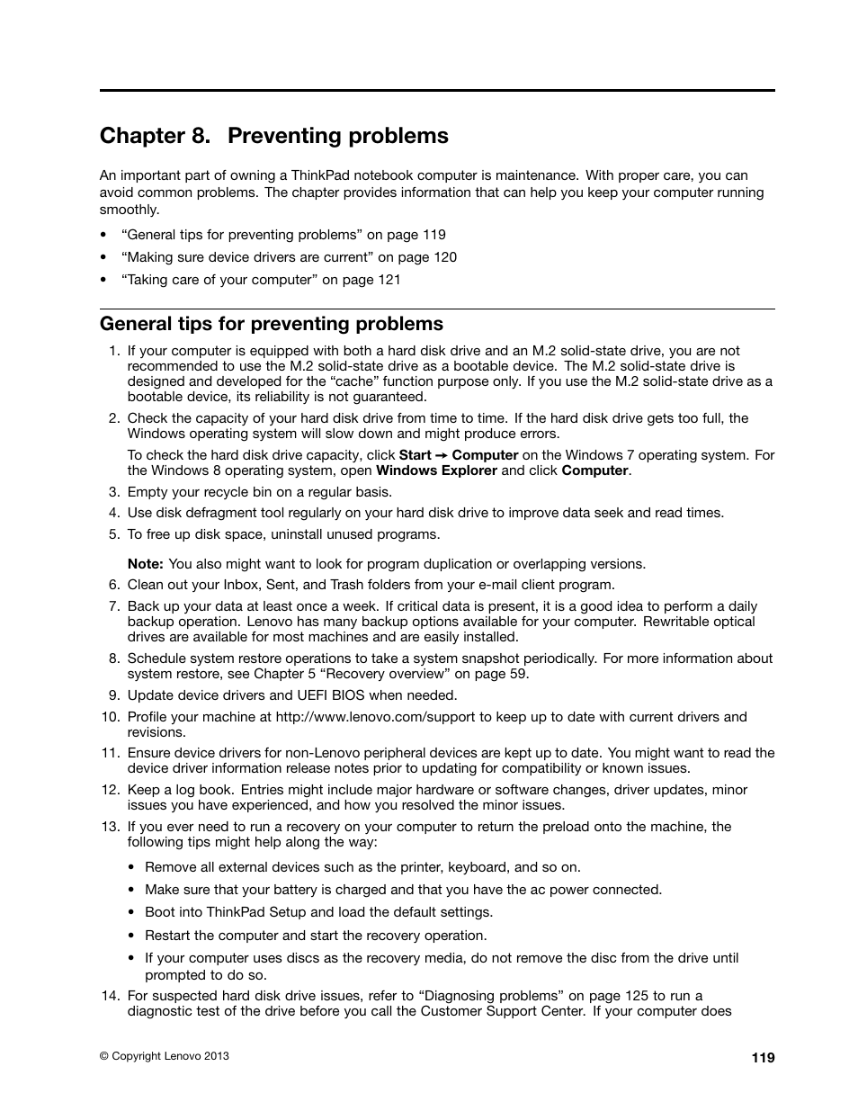 Chapter 8. preventing problems, General tips for preventing problems | Lenovo ThinkPad Edge E531 User Manual | Page 135 / 182