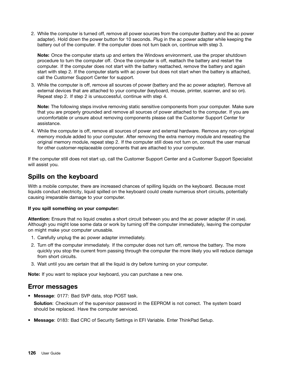 Spills on the keyboard, Error messages | Lenovo ThinkPad Edge E531 User Manual | Page 142 / 182