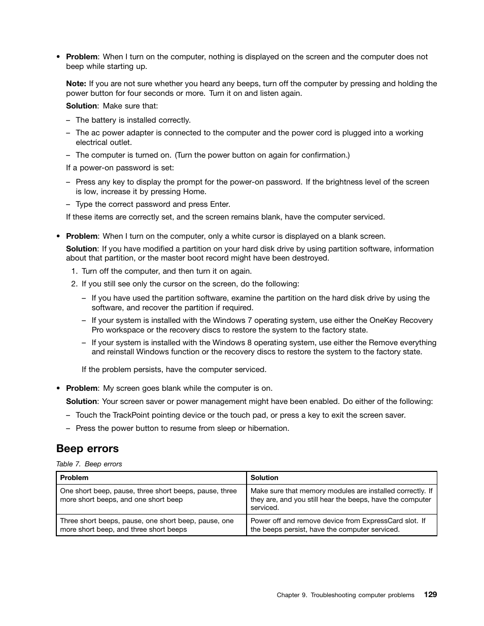 Beep errors | Lenovo ThinkPad Edge E531 User Manual | Page 145 / 182