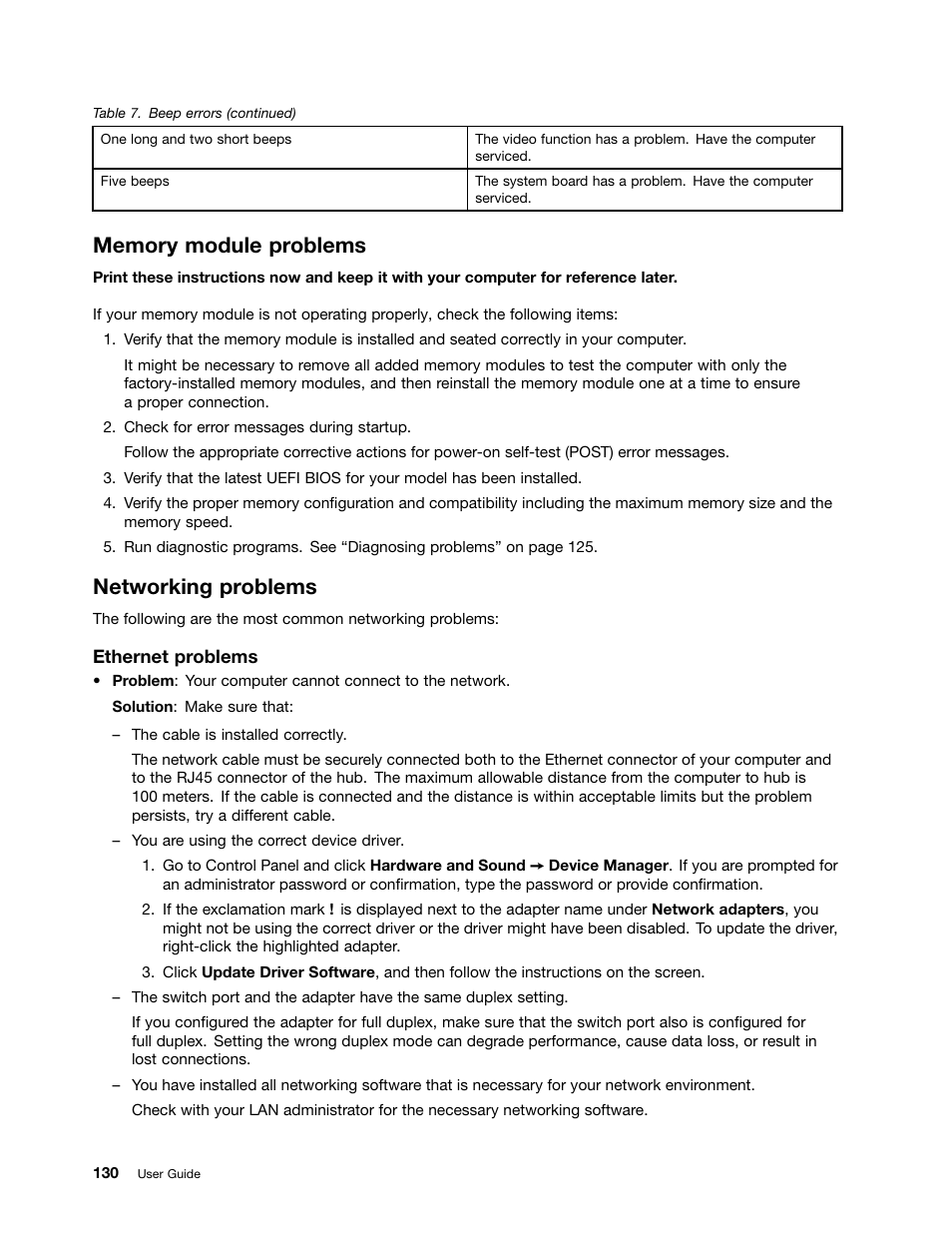 Memory module problems, Networking problems | Lenovo ThinkPad Edge E531 User Manual | Page 146 / 182