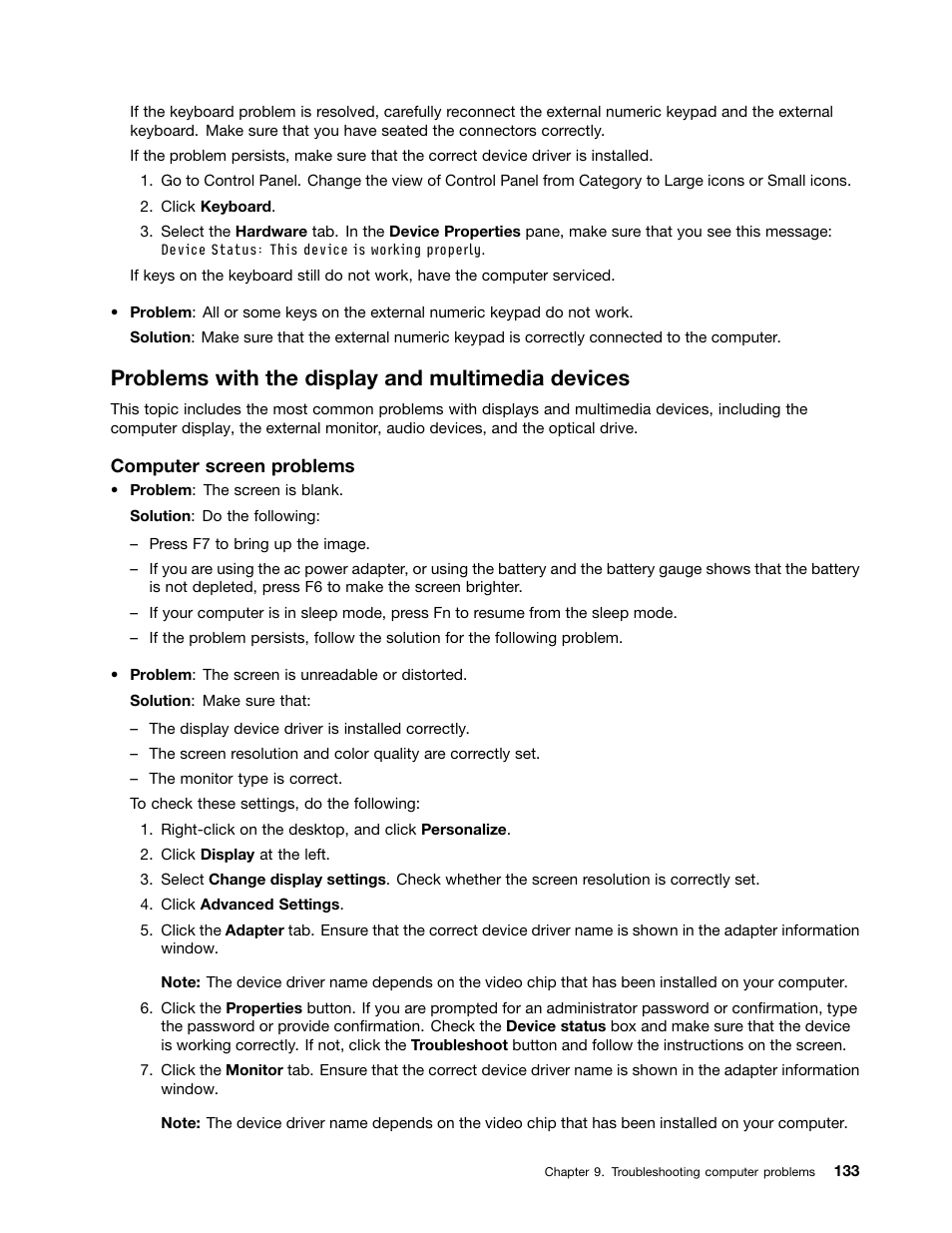 Problems with the display and multimedia devices | Lenovo ThinkPad Edge E531 User Manual | Page 149 / 182