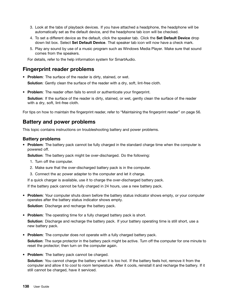 Fingerprint reader problems, Battery and power problems | Lenovo ThinkPad Edge E531 User Manual | Page 154 / 182