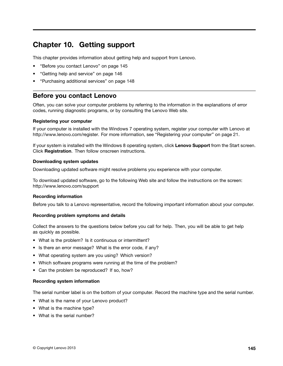 Chapter 10. getting support, Before you contact lenovo | Lenovo ThinkPad Edge E531 User Manual | Page 161 / 182