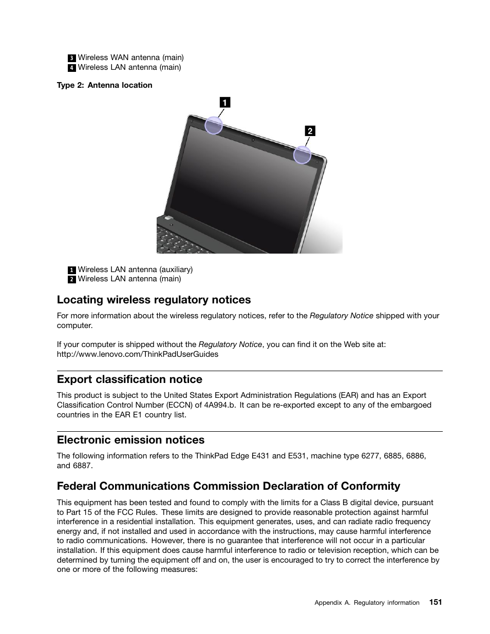 Locating wireless regulatory notices, Export classification notice, Electronic emission notices | Lenovo ThinkPad Edge E531 User Manual | Page 167 / 182