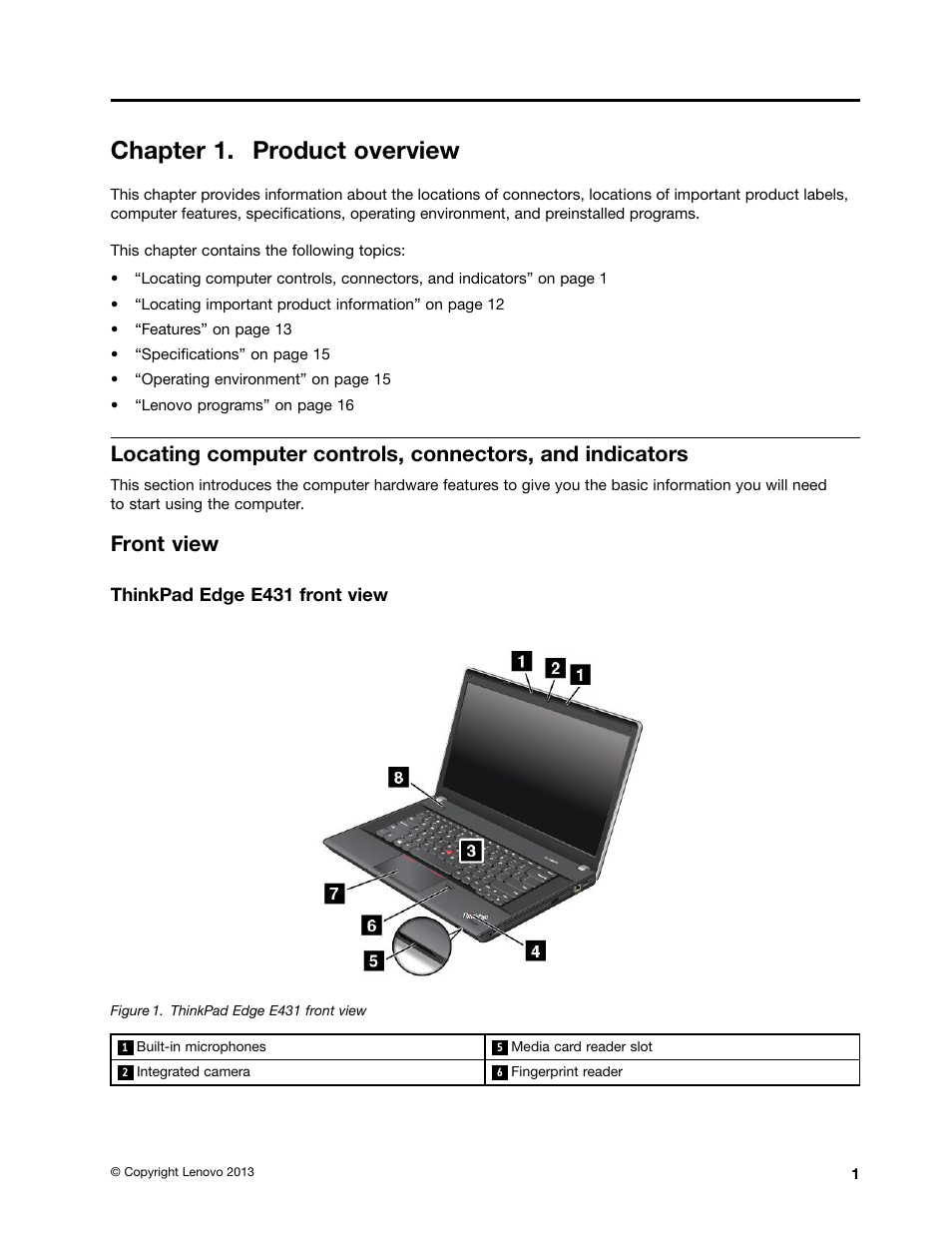 Chapter 1. product overview, Front view | Lenovo ThinkPad Edge E531 User Manual | Page 17 / 182