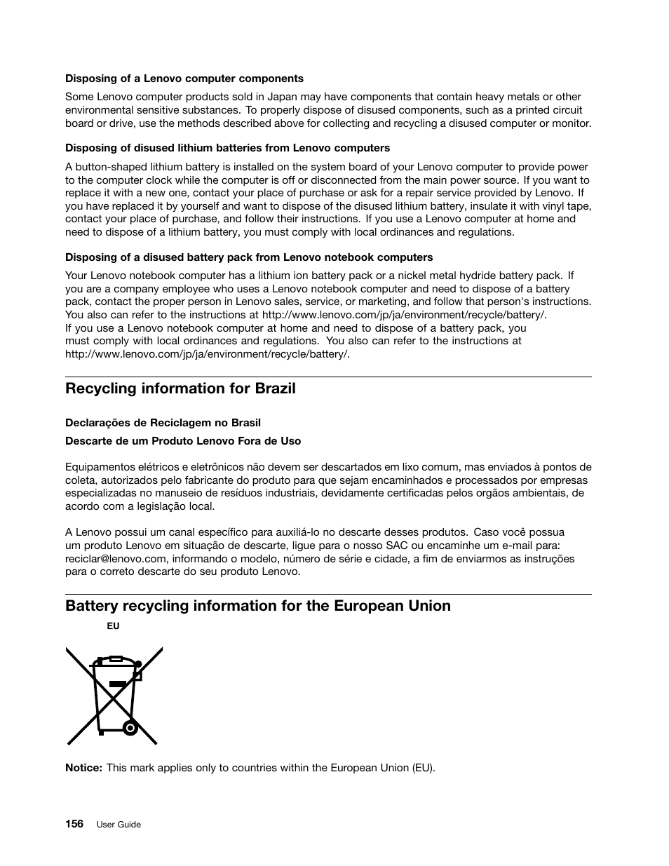 Recycling information for brazil | Lenovo ThinkPad Edge E531 User Manual | Page 172 / 182