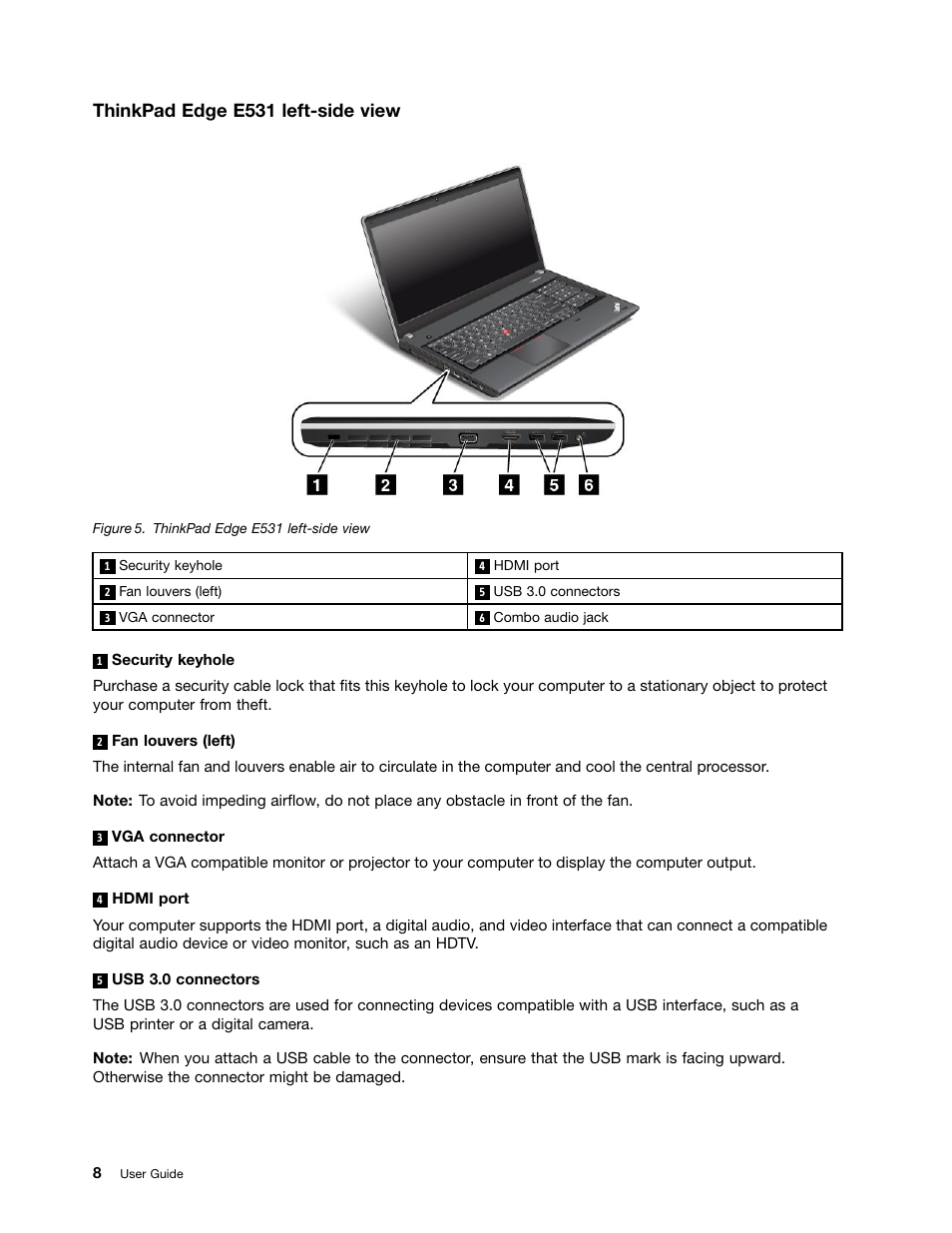 Thinkpad edge e531 left-side view | Lenovo ThinkPad Edge E531 User Manual | Page 24 / 182