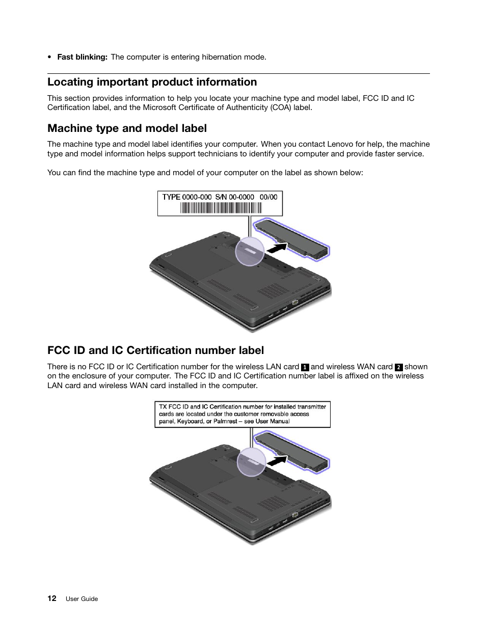 Locating important product information, Machine type and model label, Fcc id and ic certification number label | Lenovo ThinkPad Edge E531 User Manual | Page 28 / 182