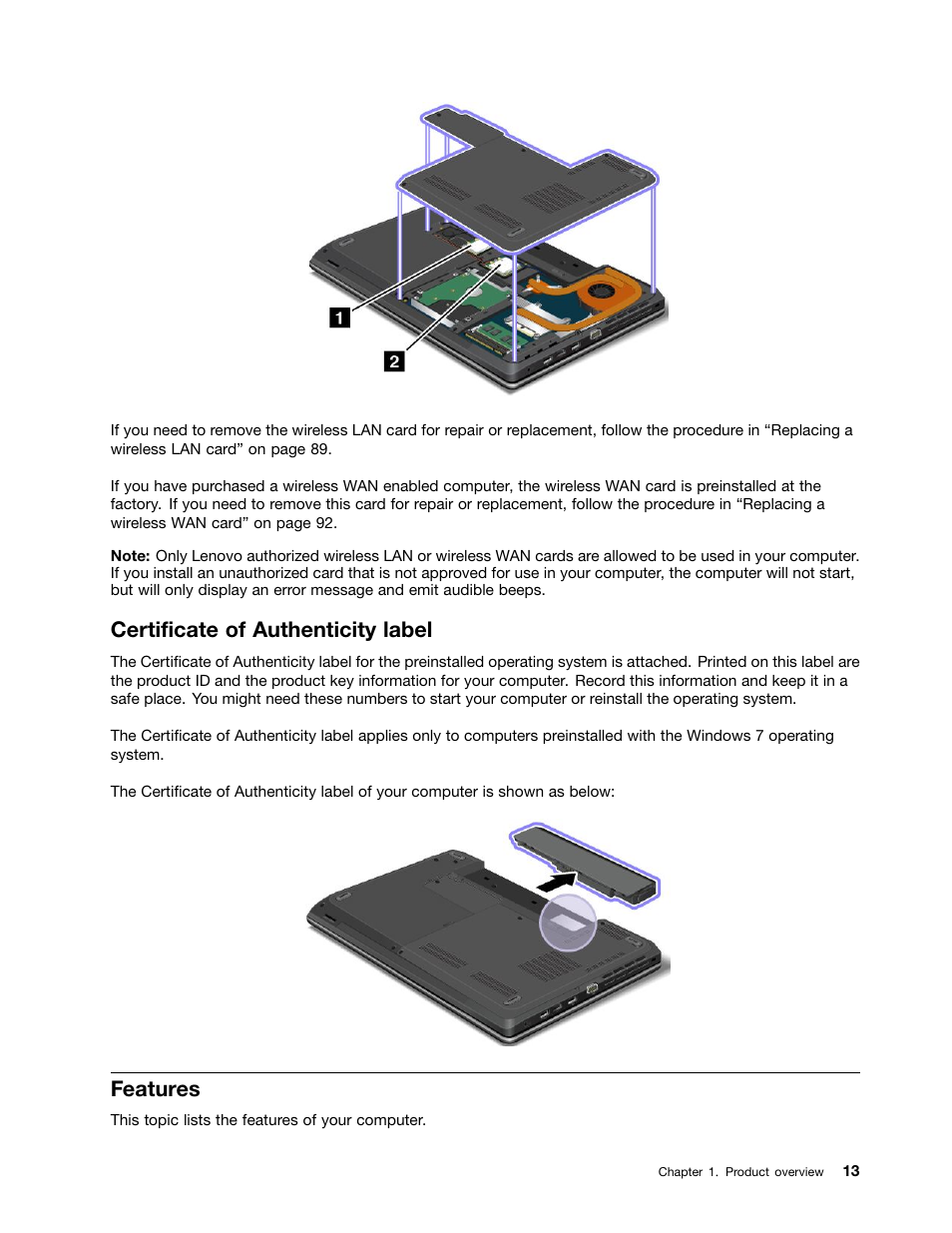 Certificate of authenticity label, Features | Lenovo ThinkPad Edge E531 User Manual | Page 29 / 182