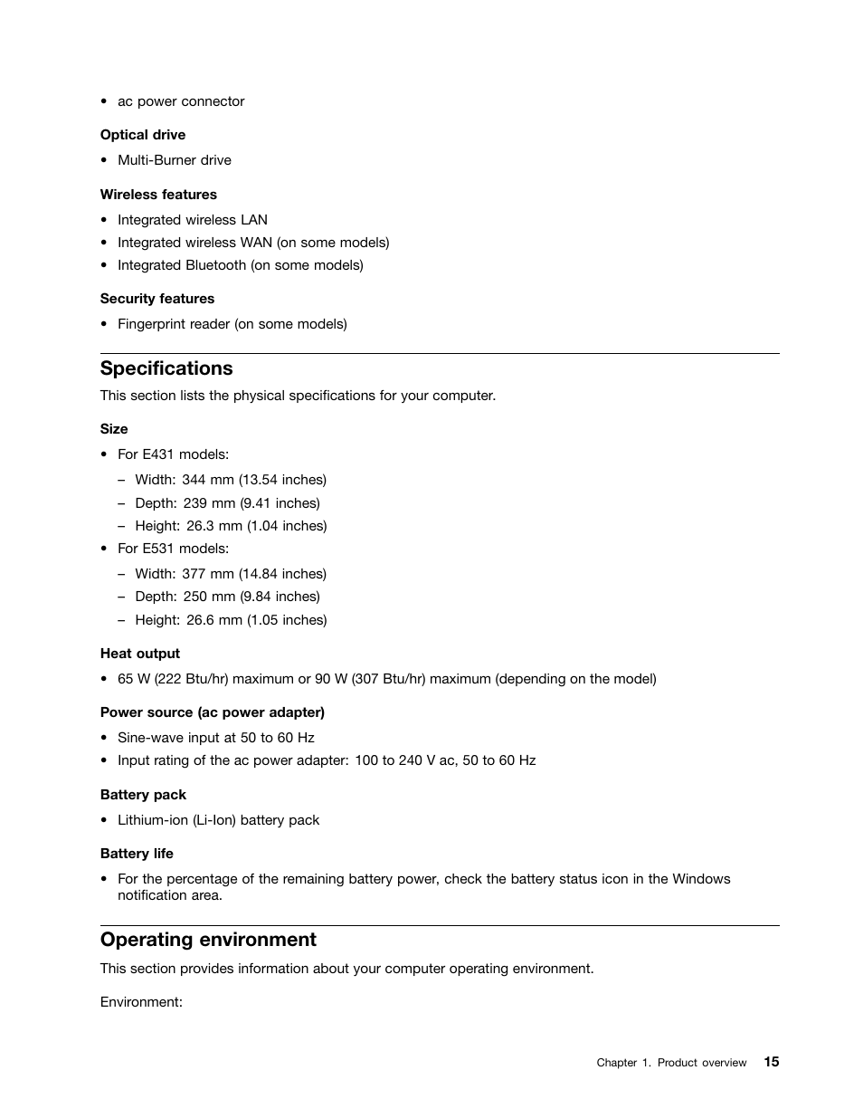 Specifications, Operating environment | Lenovo ThinkPad Edge E531 User Manual | Page 31 / 182