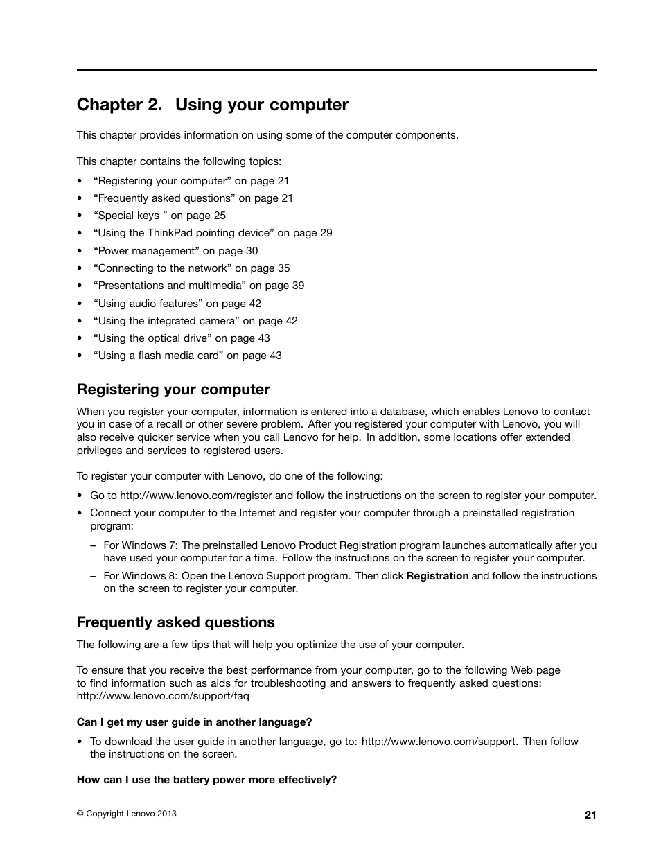Chapter 2. using your computer, Registering your computer, Frequently asked questions | Lenovo ThinkPad Edge E531 User Manual | Page 37 / 182