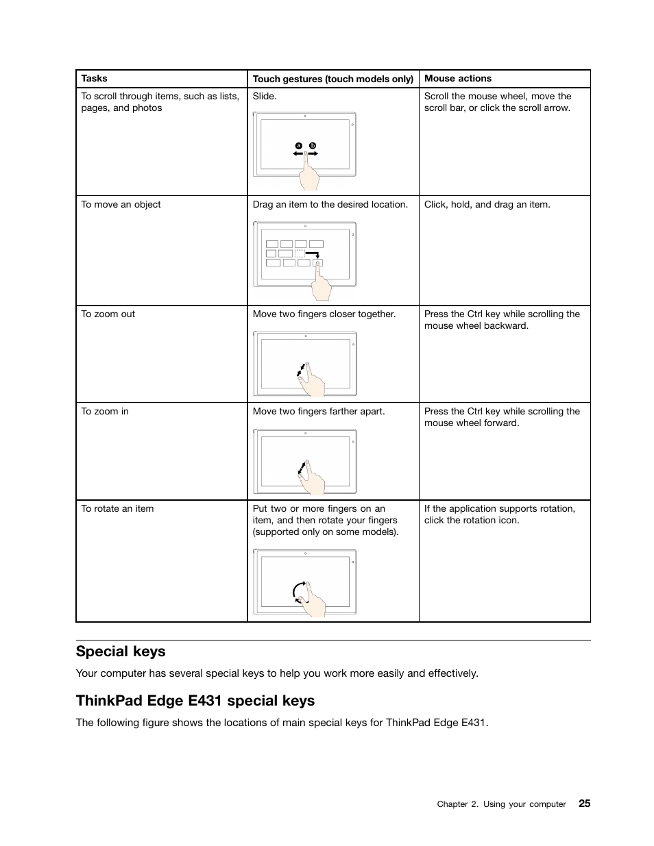 Special keys, Thinkpad edge e431 special keys | Lenovo ThinkPad Edge E531 User Manual | Page 41 / 182