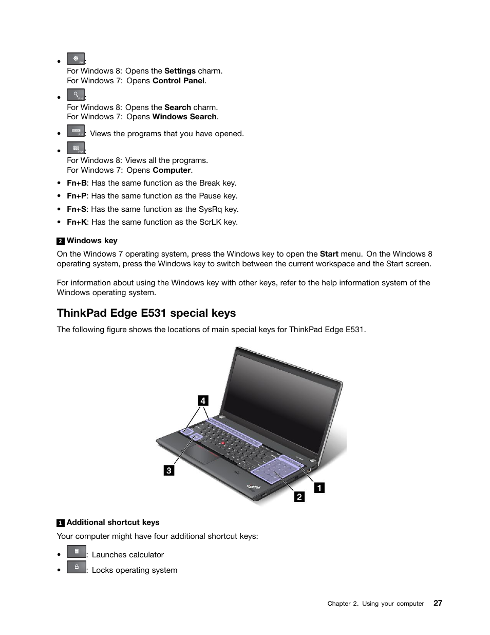 Thinkpad edge e531 special keys | Lenovo ThinkPad Edge E531 User Manual | Page 43 / 182