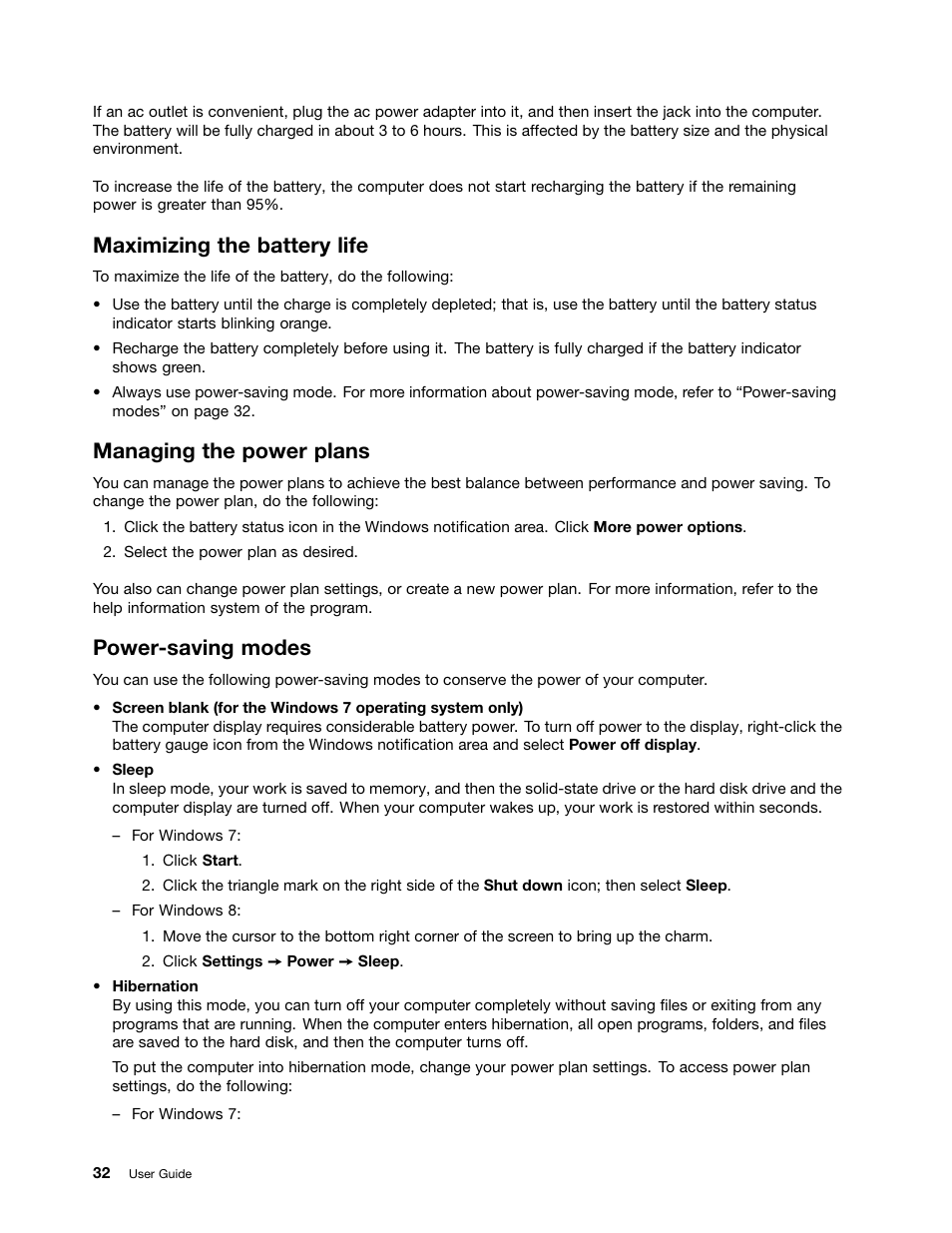 Maximizing the battery life, Managing the power plans, Power-saving modes | Power-saving | Lenovo ThinkPad Edge E531 User Manual | Page 48 / 182