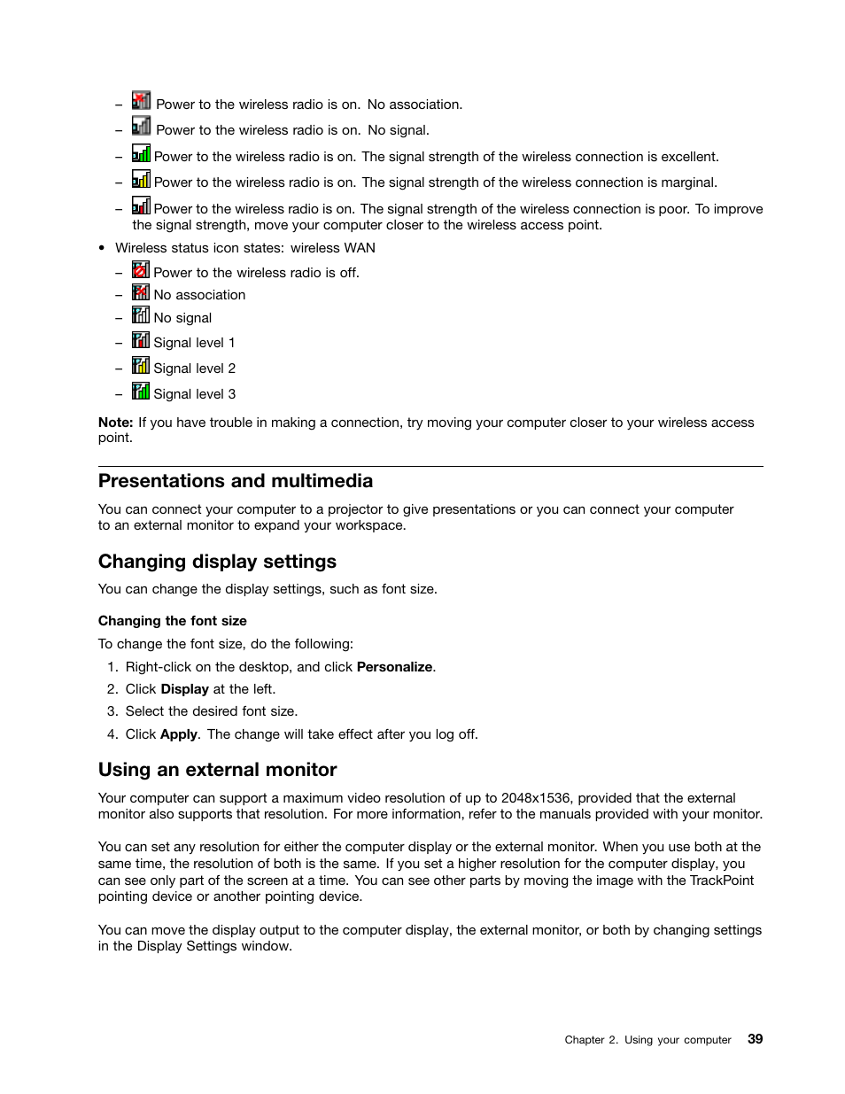Presentations and multimedia, Changing display settings, Using an external monitor | Lenovo ThinkPad Edge E531 User Manual | Page 55 / 182