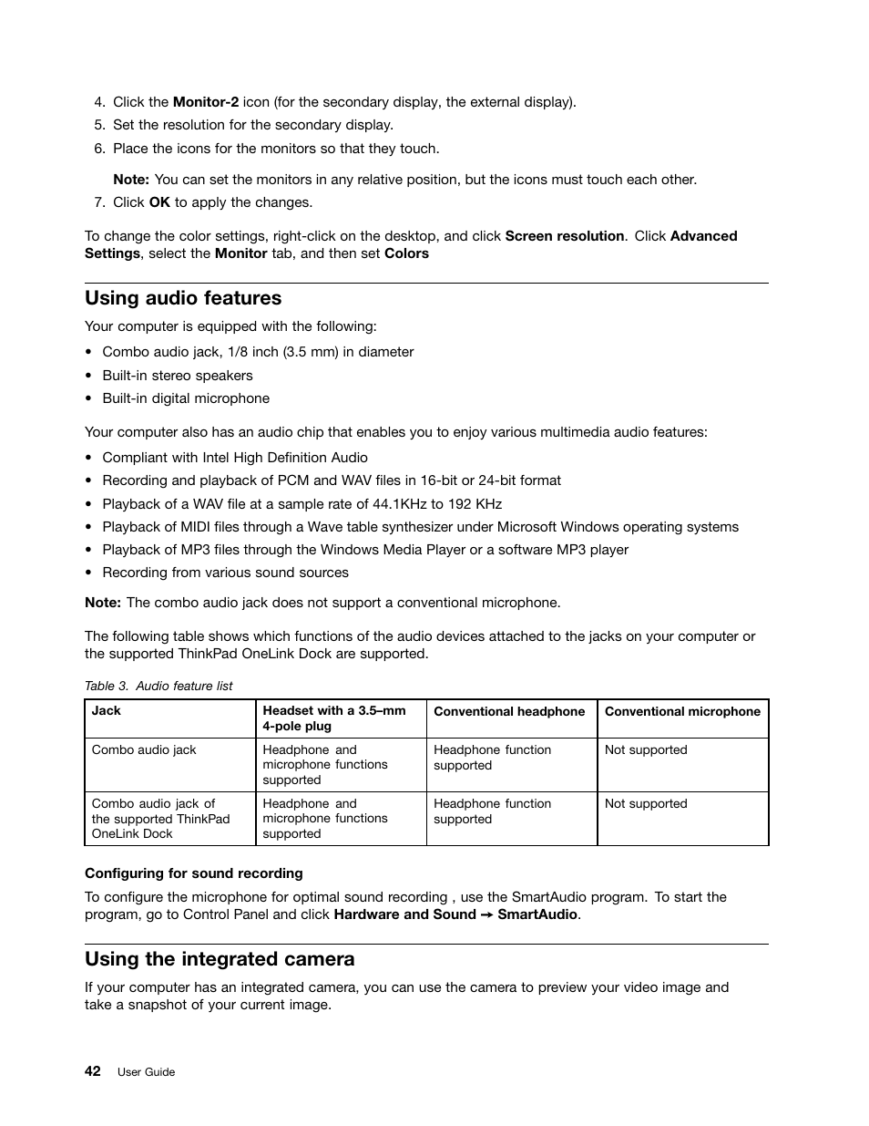 Using audio features, Using the integrated camera, Using | Lenovo ThinkPad Edge E531 User Manual | Page 58 / 182