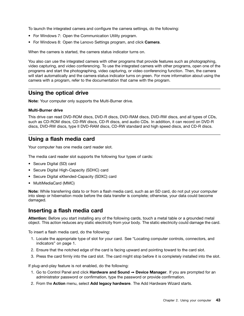 Using the optical drive, Using a flash media card, Inserting a flash media card | Lenovo ThinkPad Edge E531 User Manual | Page 59 / 182