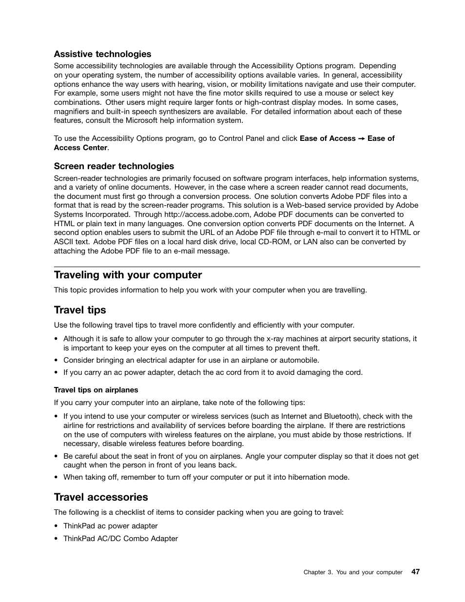 Traveling with your computer, Travel tips, Travel accessories | Lenovo ThinkPad Edge E531 User Manual | Page 63 / 182