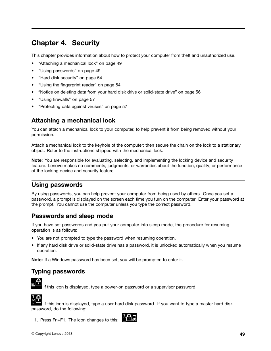 Chapter 4. security, Attaching a mechanical lock, Using passwords | Passwords and sleep mode, Typing passwords | Lenovo ThinkPad Edge E531 User Manual | Page 65 / 182