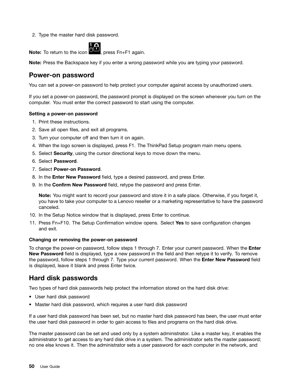 Power-on password, Hard disk passwords | Lenovo ThinkPad Edge E531 User Manual | Page 66 / 182