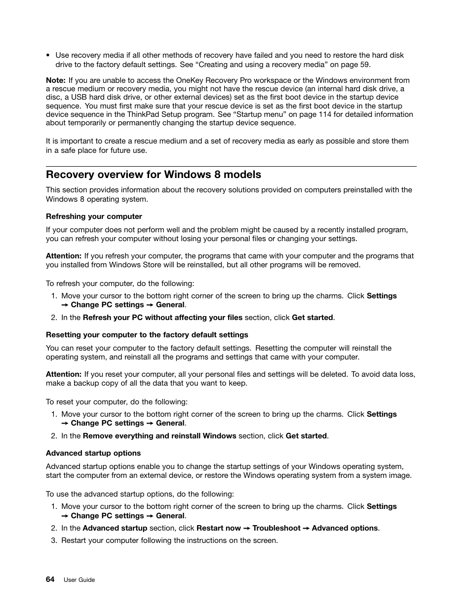Recovery overview for windows 8 models | Lenovo ThinkPad Edge E531 User Manual | Page 80 / 182