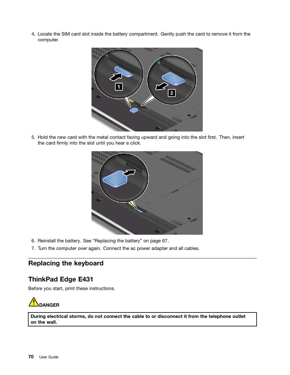 Replacing the keyboard, Thinkpad edge e431, Replacing the keyboard thinkpad edge e431 | Lenovo ThinkPad Edge E531 User Manual | Page 86 / 182