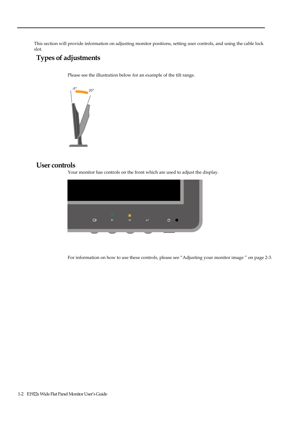 Product overview, Figure, Types of adjustments | User controls | Lenovo LS1922s Wide 18.5 inch LED backlit LCD Monitor User Manual | Page 7 / 33