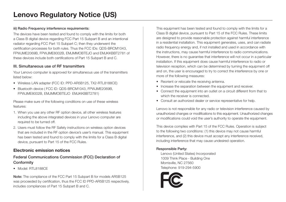 Lenovo regulatory notice (us) | Lenovo IdeaCentre B520e User Manual | Page 2 / 2