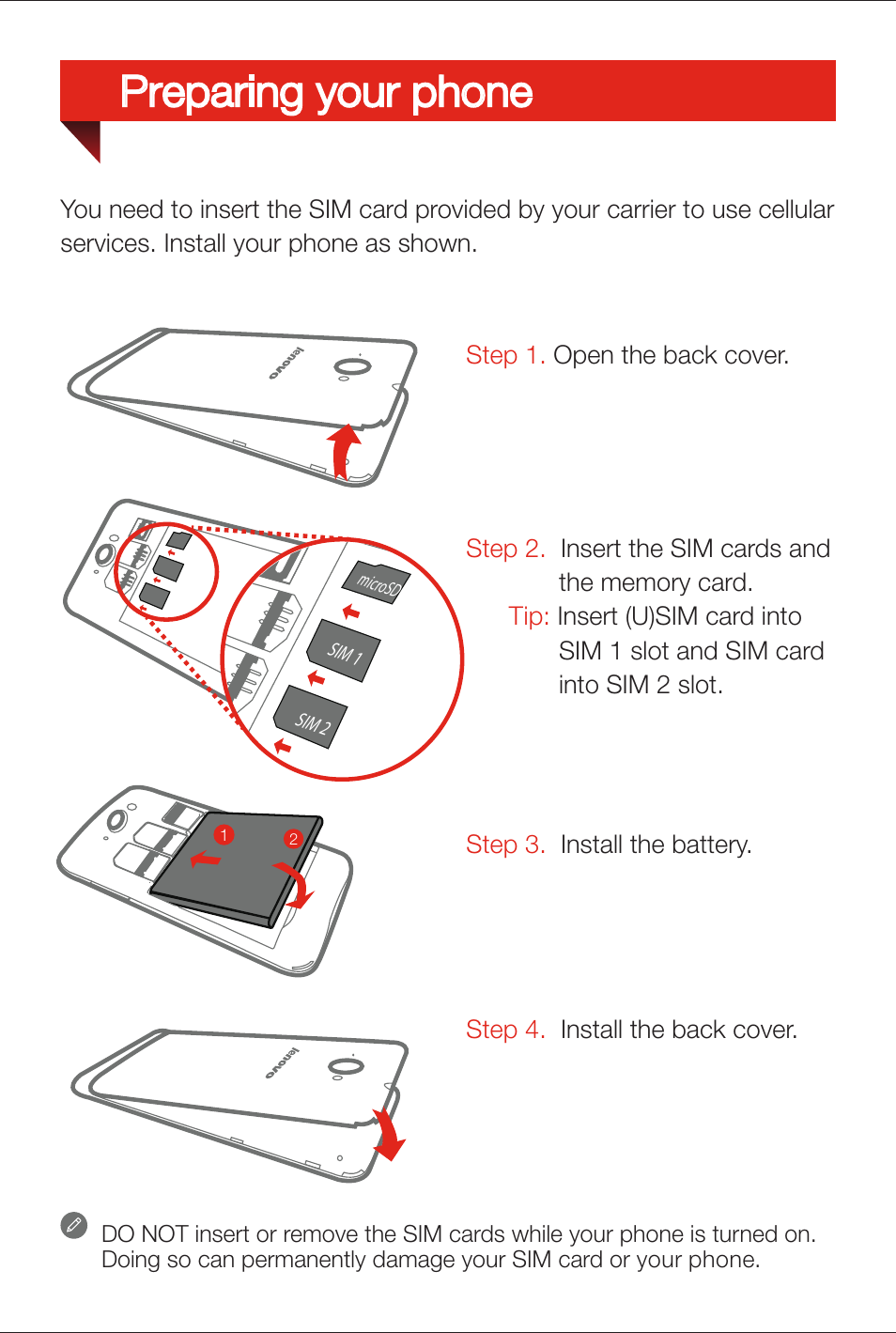 Preparing your phone | Lenovo S930 Smartphone User Manual | Page 4 / 6