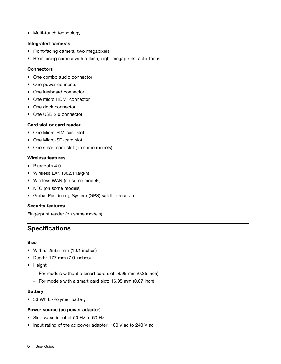 Specifications | Lenovo ThinkPad 10 User Manual | Page 14 / 102