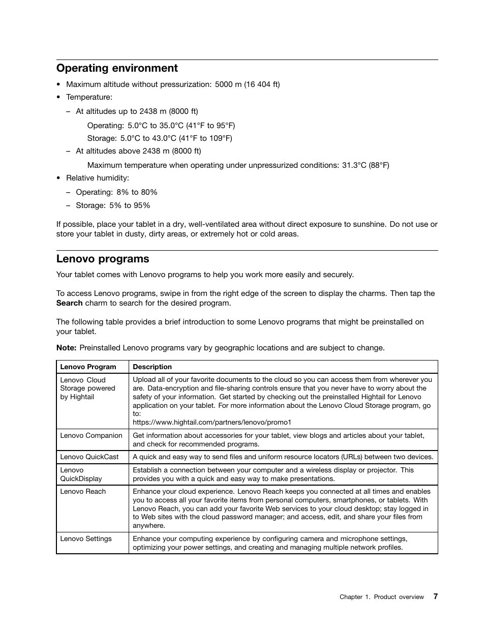 Operating environment, Lenovo programs | Lenovo ThinkPad 10 User Manual | Page 15 / 102