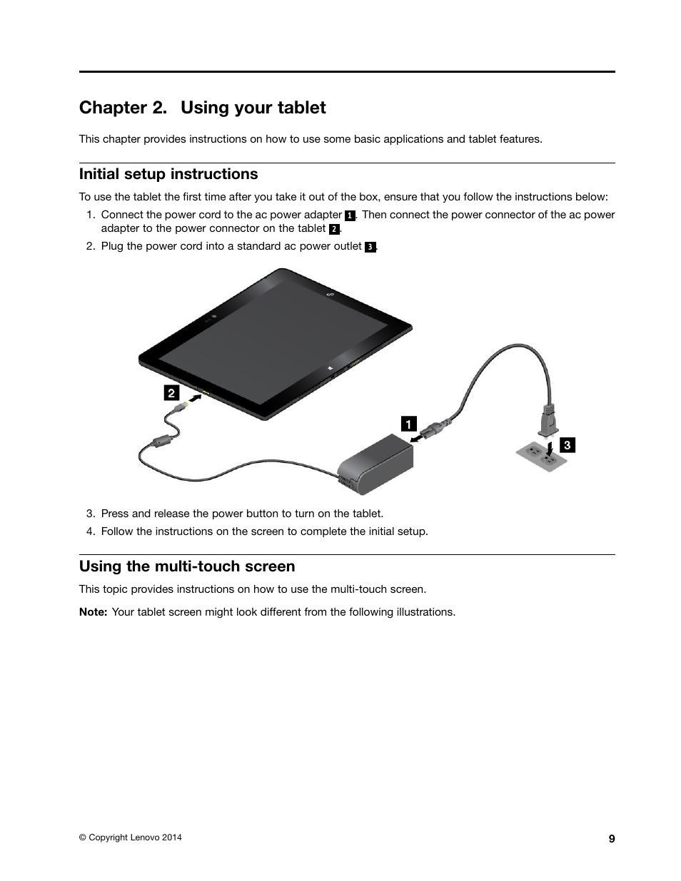 Chapter 2. using your tablet, Initial setup instructions, Using the multi-touch screen | Lenovo ThinkPad 10 User Manual | Page 17 / 102