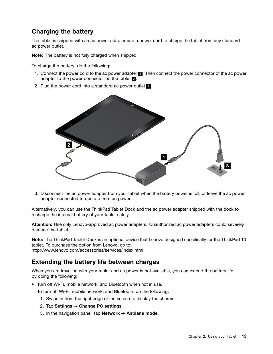 Charging the battery, Extending the battery life between charges | Lenovo ThinkPad 10 User Manual | Page 21 / 102