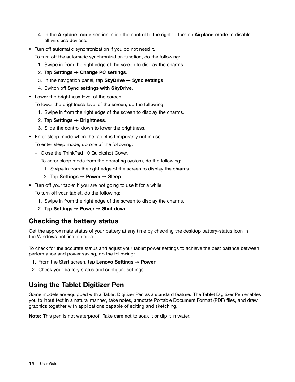 Checking the battery status, Using the tablet digitizer pen | Lenovo ThinkPad 10 User Manual | Page 22 / 102