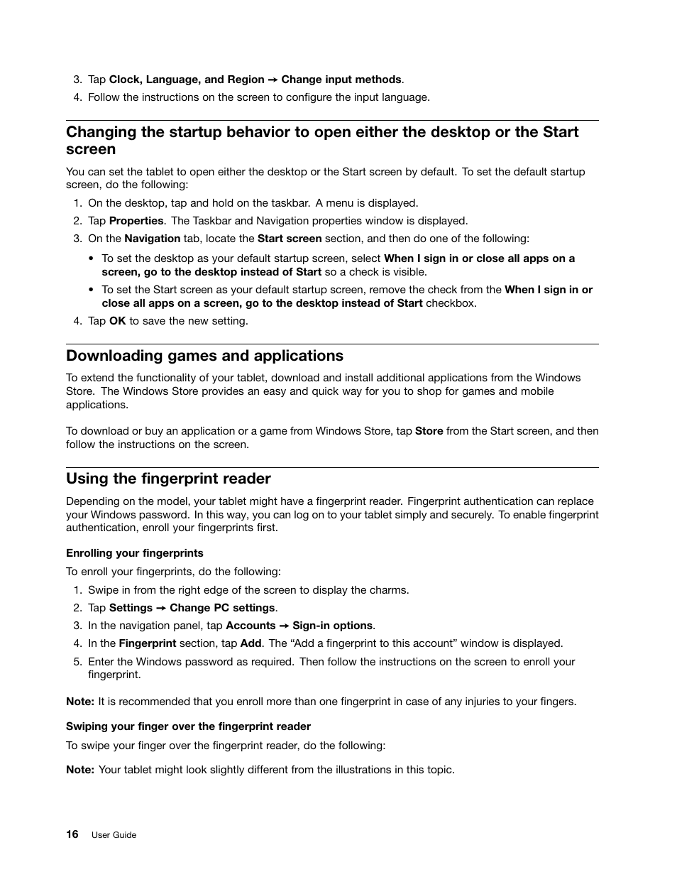 Downloading games and applications, Using the fingerprint reader | Lenovo ThinkPad 10 User Manual | Page 24 / 102