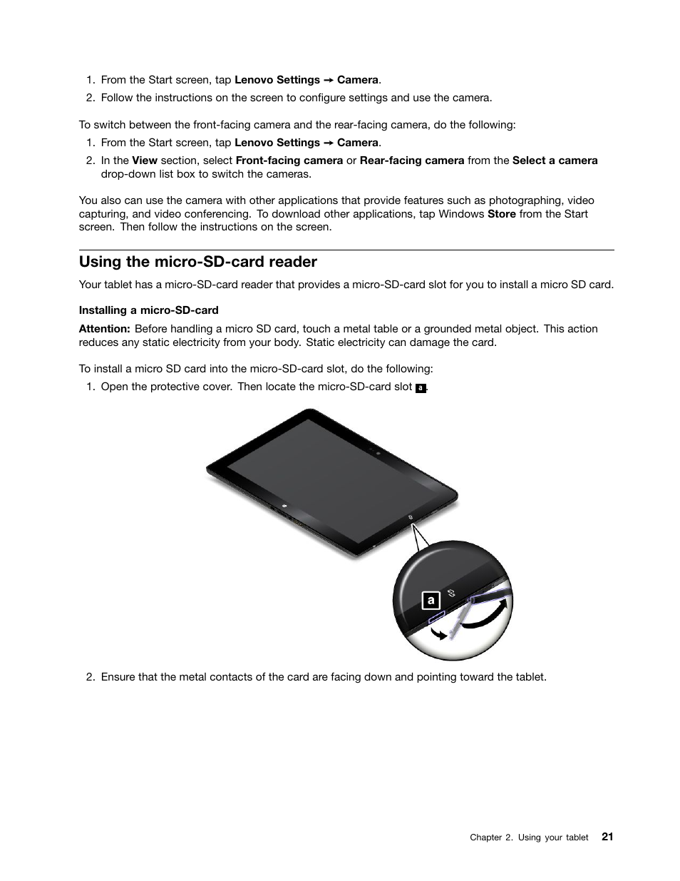 Using the micro-sd-card reader | Lenovo ThinkPad 10 User Manual | Page 29 / 102
